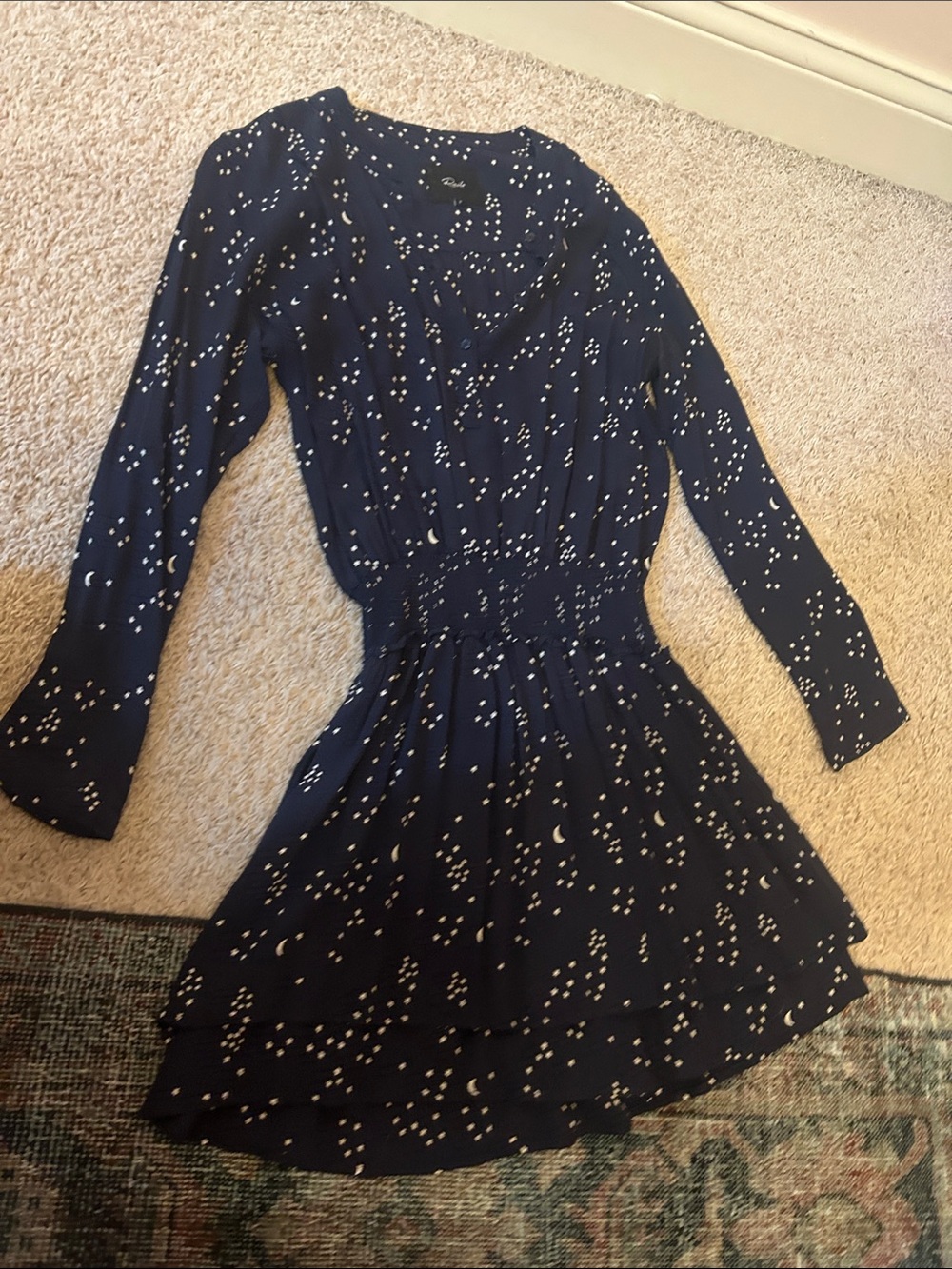 Rails Navy Blue Long-Sleeve Tiered Dress with White Dot Print